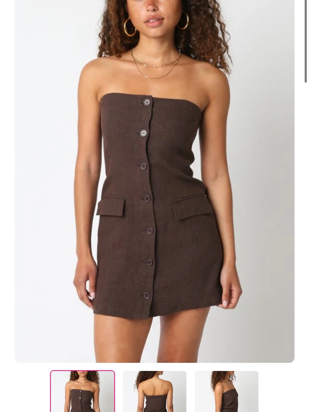 Strapless Button-Front Mini Dress in Dark Brown